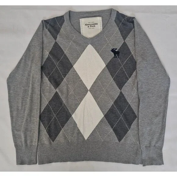 Abercrombie & Fitch Gray Argyle Moose Logo V-Neck Pullover Sweater Men's Size XL - Picture 2 of 9